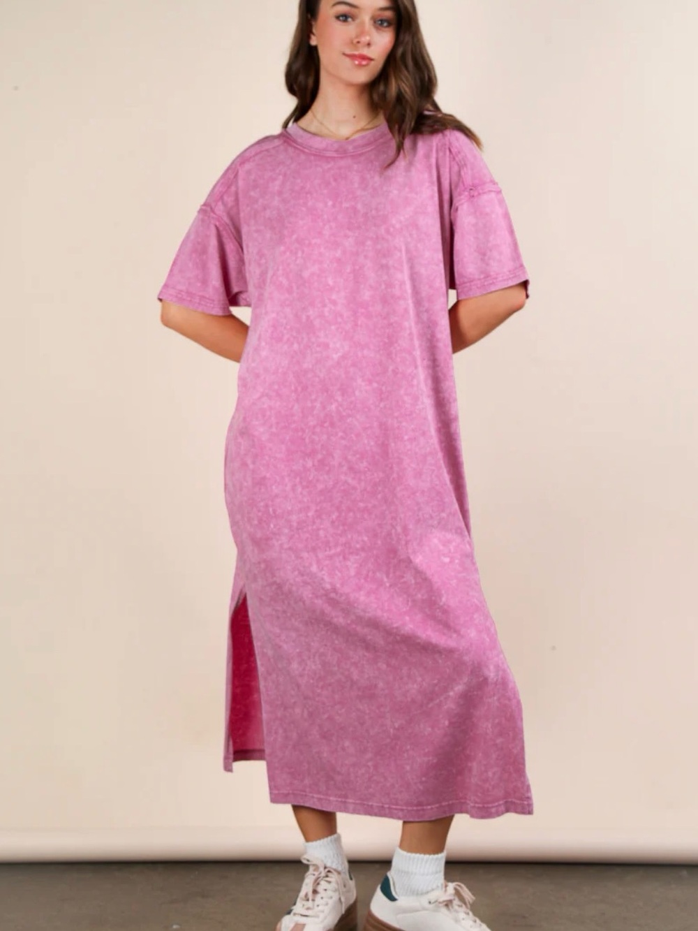 Washed Pink Midi T-Shirt Dress with Side Slits